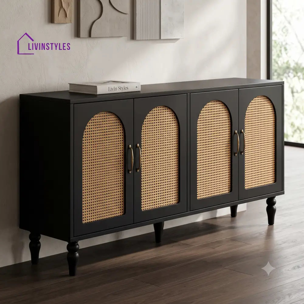 Akshara Solid Wood Sideboard and Cabinet in Black Finish