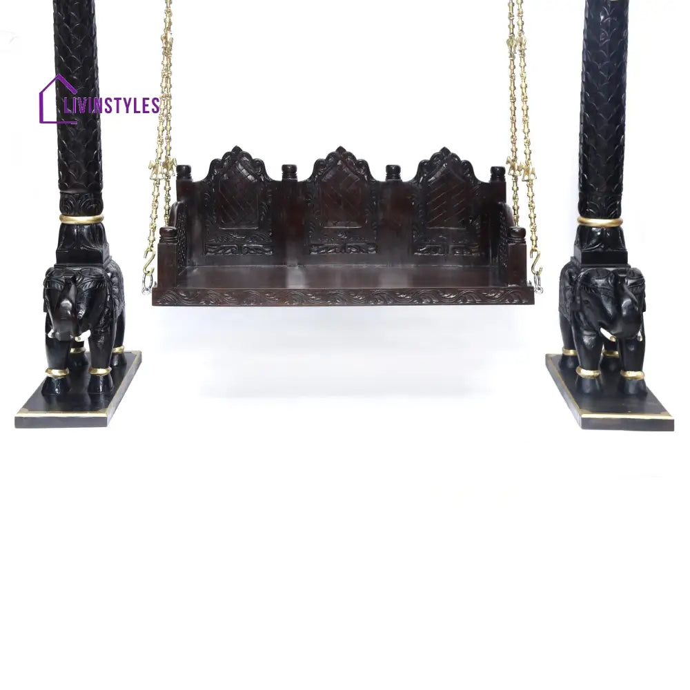 Akshara Wooden Brass Chain Royal Carved Elephants pillar Swing Swing