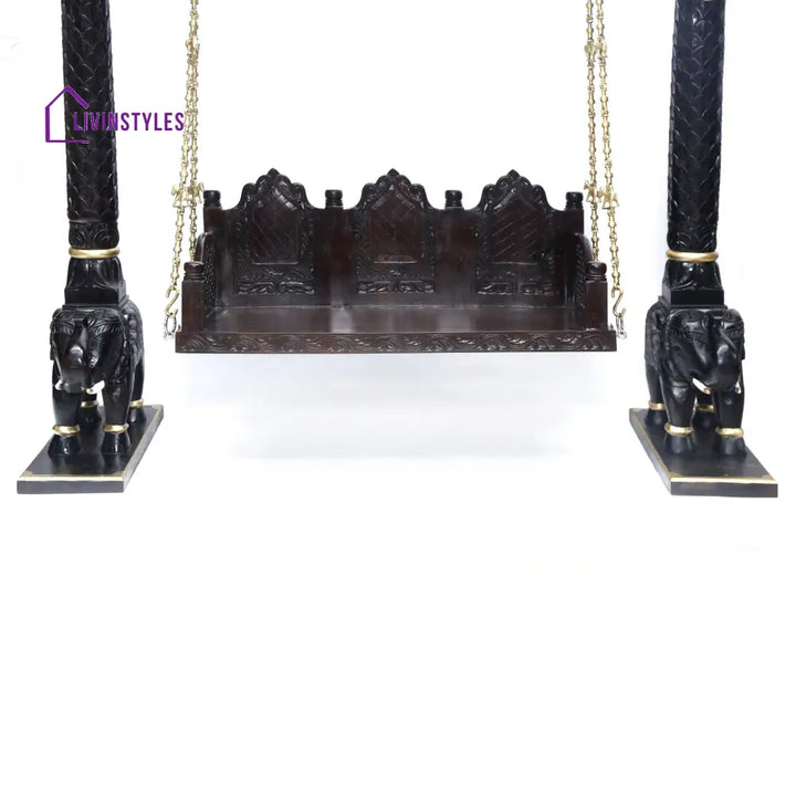 Akshara Wooden Brass Chain Royal Carved Elephants pillar Swing Swing