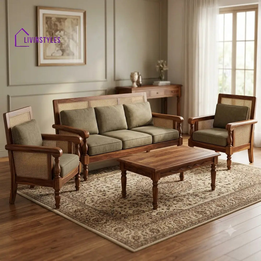 Akshara Wooden Sofa Set | 3 + 1 + 1 Sheesham Wood Sofa Set for Living Room