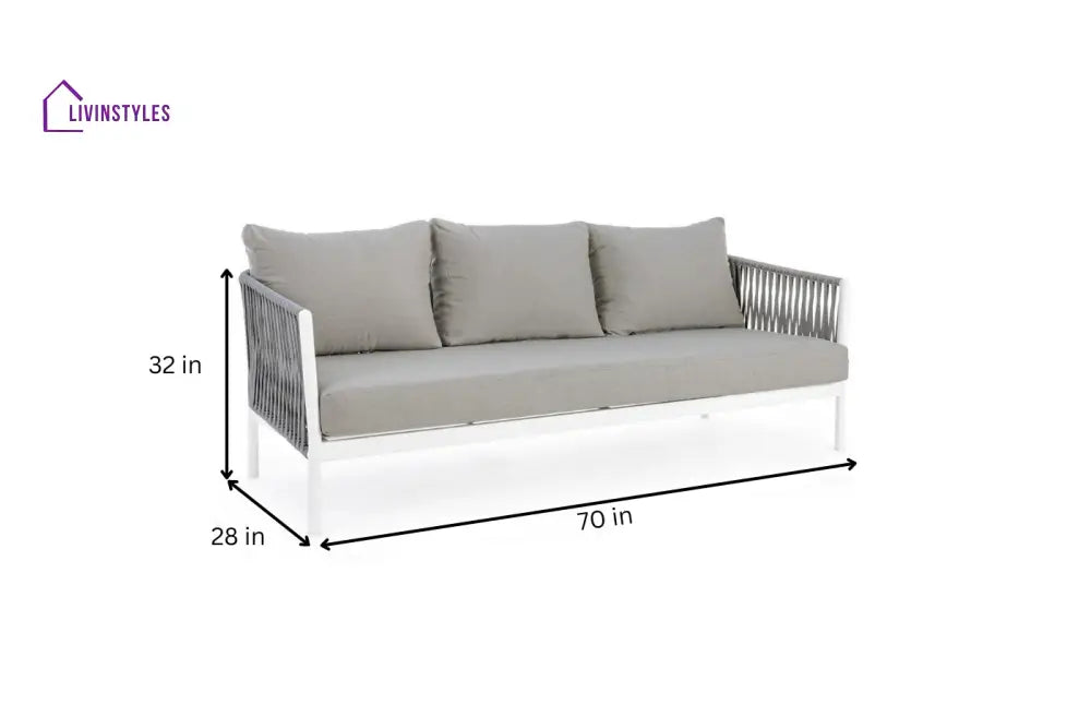 Aksu Outdoor Garden Balcony Sofa Set 3 Seater 2 Single Seater and 1 Center Table Set Braid & Rope (White + Grey) - Sofa