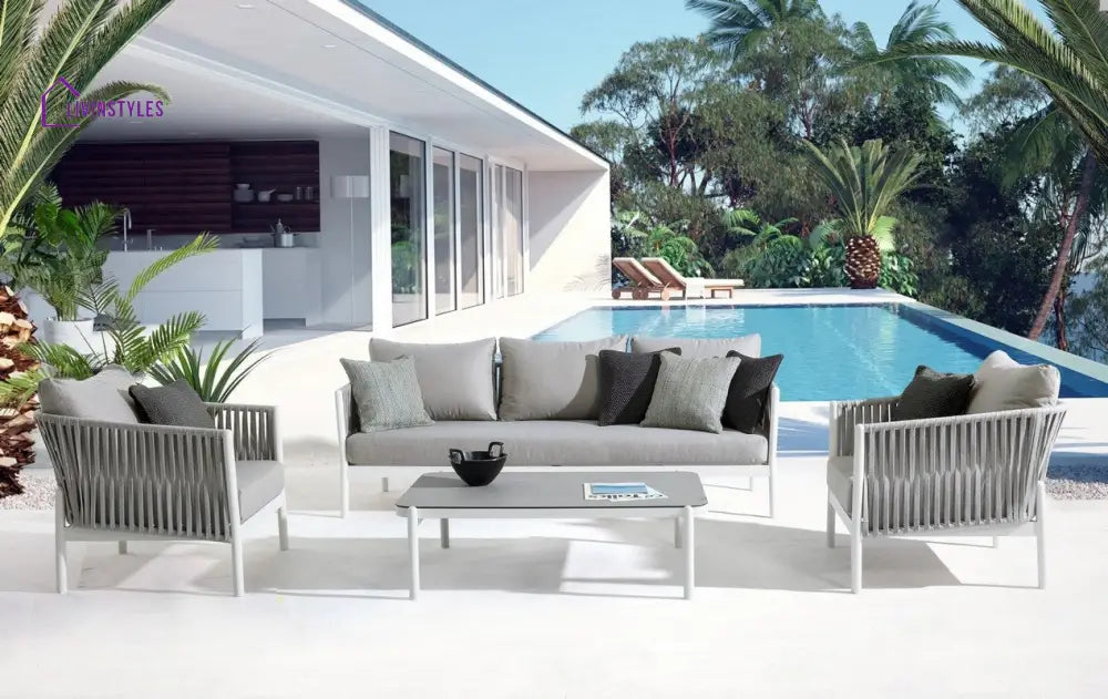 Aksu Outdoor Garden Balcony Sofa Set 3 Seater 2 Single Seater and 1 Center Table Set Braid & Rope (White + Grey) - Sofa