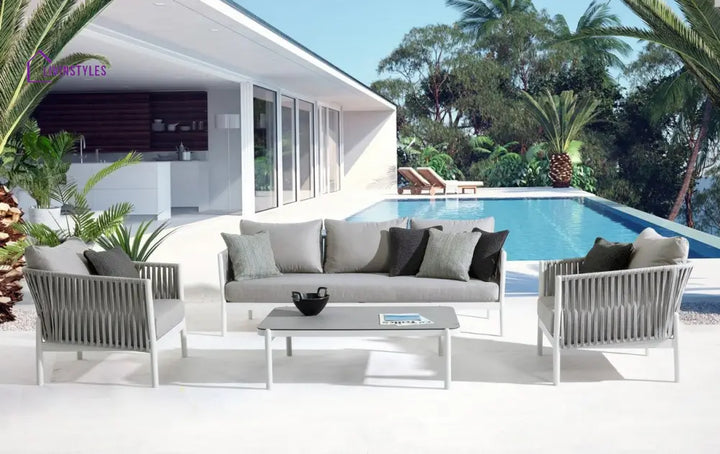 Aksu Outdoor Garden Balcony Sofa Set 3 Seater 2 Single Seater and 1 Center Table Set Braid & Rope (White + Grey) - Sofa