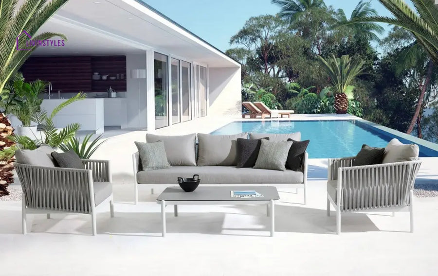 Aksu Outdoor Garden Balcony Sofa Set 3 Seater 2 Single Seater and 1 Center Table Set Braid & Rope (White + Grey) - Sofa