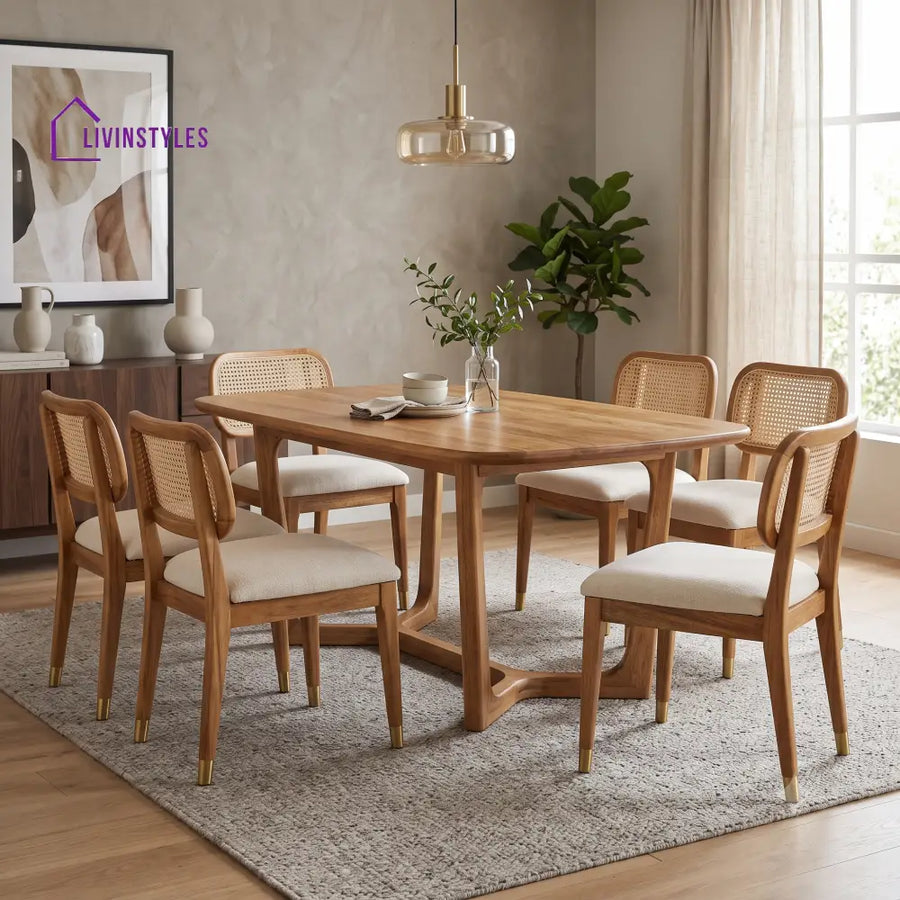 Alain Premium Mango Wood 6 Seater Dining Table Set | Natural Finish