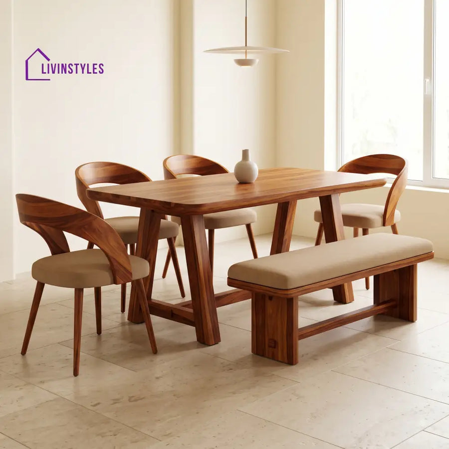 Alake Wooden 6 Seater Dining Table Set | 4 Chairs and 1 Bench | Table 72 X 36 X 30 Inch