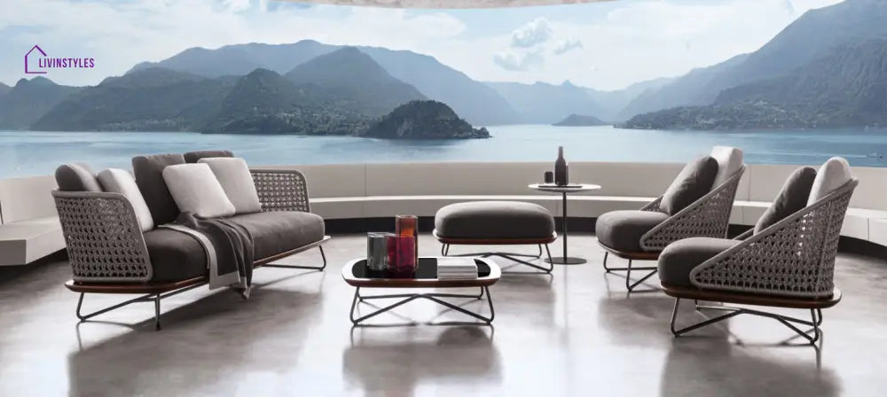 Alano Outdoor Garden Balcony Sofa Set 3 Seater 2 Single Seater 1 Ottoman and 1 Center Table Set Braid & Rope (Grey)
