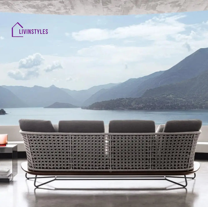 Alano Outdoor Garden Balcony Sofa Set 3 Seater 2 Single Seater 1 Ottoman and 1 Center Table Set Braid & Rope (Grey)