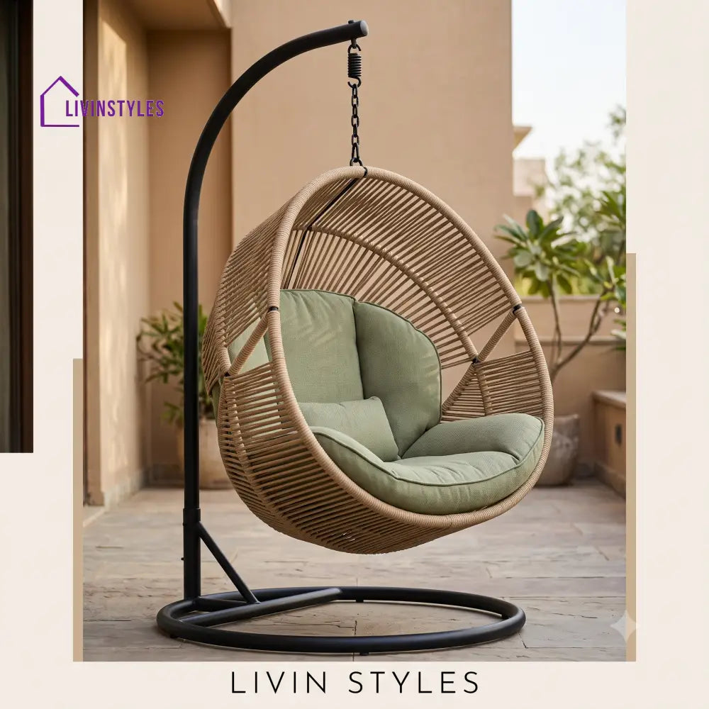 Alaric Metal Frame Hanging Swing Chair With Stand And Rope Weave Seating