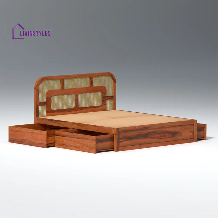 Albina Sheesham Wood Bed with Drawer Storage in Honey Colour