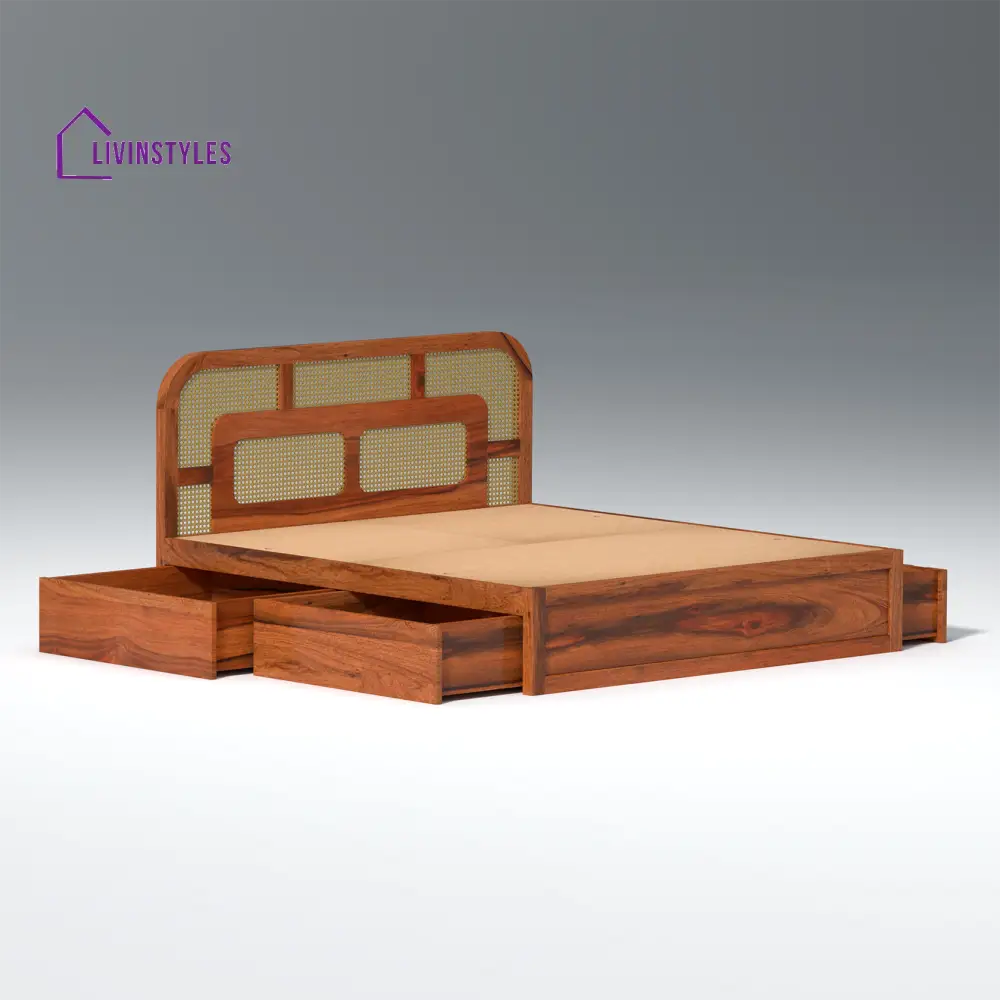 Albina Sheesham Wood Bed with Drawer Storage in Honey Colour