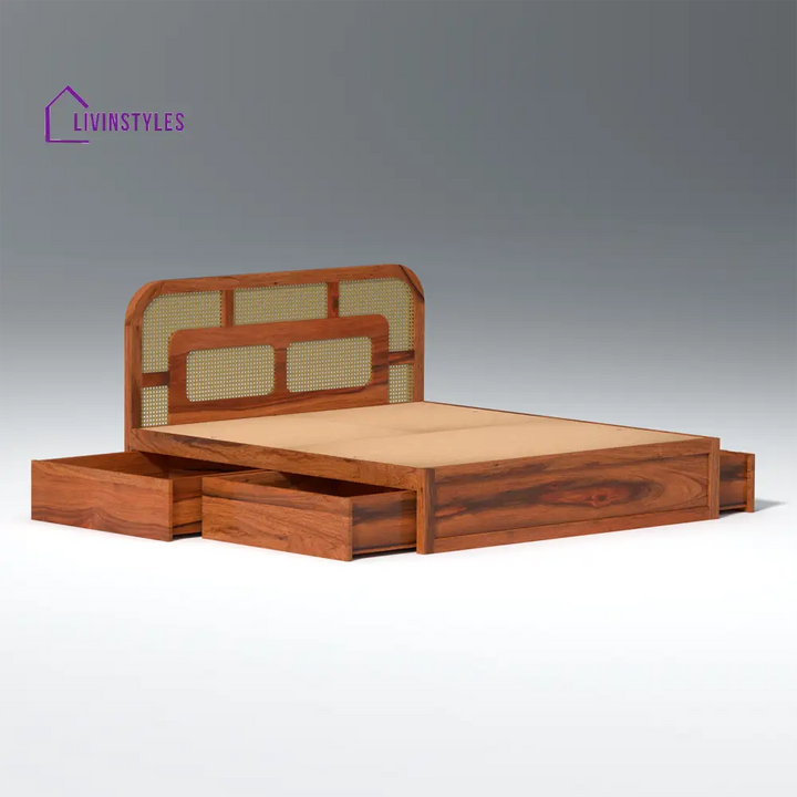 Albina Sheesham Wood Bed with Drawer Storage in Honey Colour