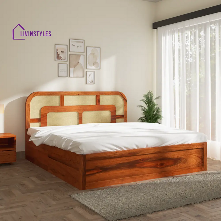 Albina Sheesham Wood Bed with Drawer Storage in Honey Colour King (78 L x 72 W Inch)