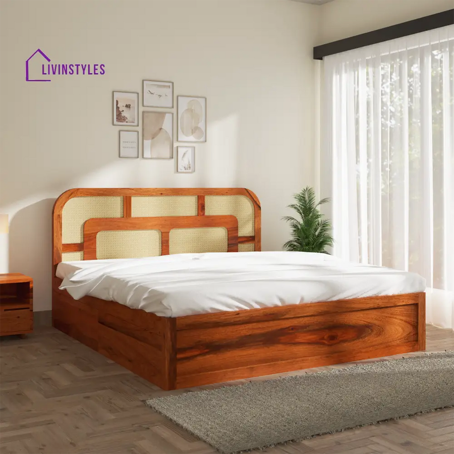 Albina Sheesham Wood Bed with Drawer Storage in Honey Colour King (78 L x 72 W Inch)
