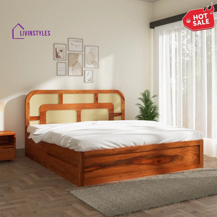 Albina Sheesham Wood Bed with Drawer Storage in Honey Colour King (78 L x 72 W Inch)