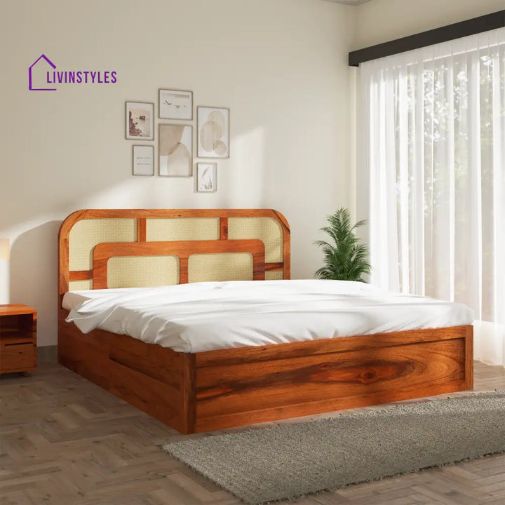 Albina Sheesham Wood Bed with Drawer Storage in Honey Colour King (78 L x 72 W Inch)