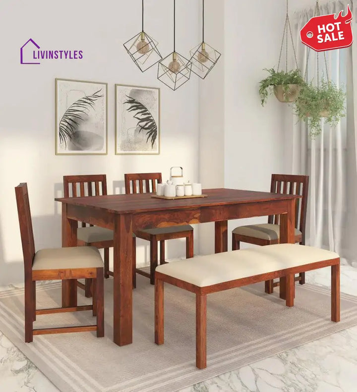 Aleksei Sheesham Wood 6 Seater Dining Set In Honey Finish With Bench Dining Set