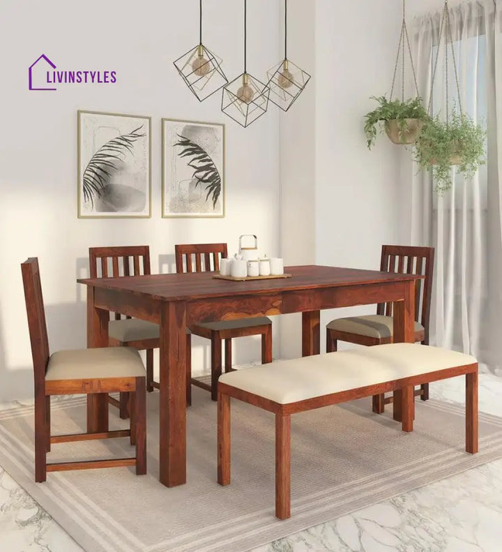 Aleksei Sheesham Wood 6 Seater Dining Set In Honey Finish With Bench Dining Set