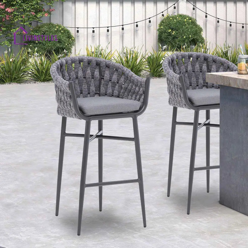Alev Outdoor Patio Bar Chair 2 Chairs For Balcony Braided & Rope (Grey) - Bar Sets