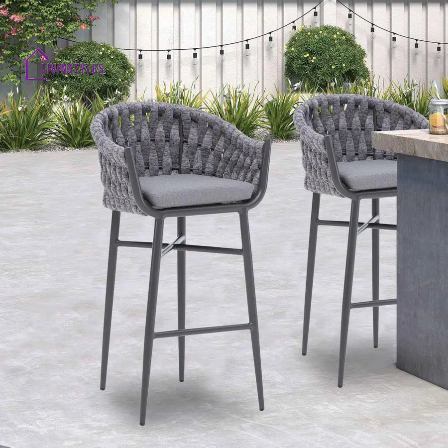 Alev Outdoor Patio Bar Chair 2 Chairs For Balcony Braided & Rope (Grey) - Bar Sets