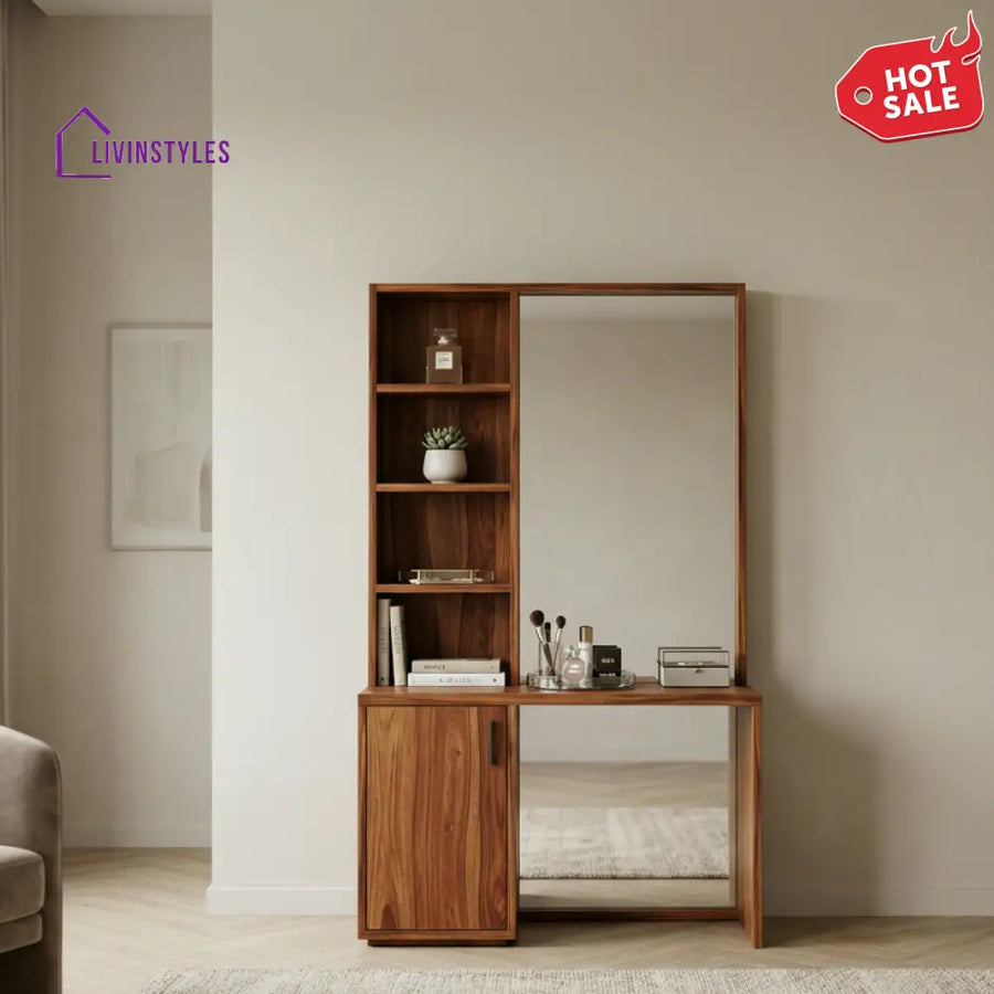Alexander Sheesham Wood Dressing Table with Mirror and Storage (Honey Finish)