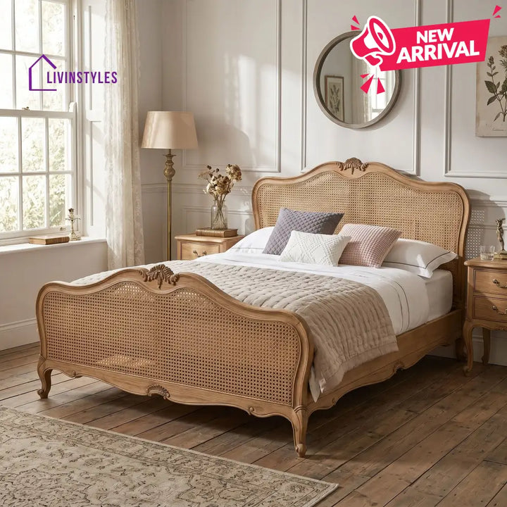 Full view of queen-sized Adouer Wood Bed in a vintage style bedroom, highlighting natural finish and elegant proportions.