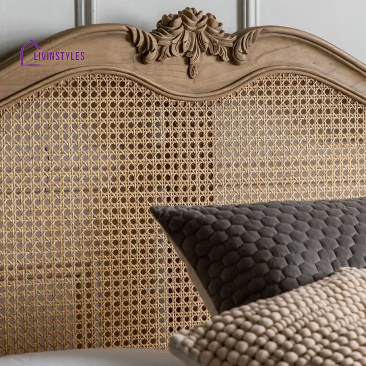 Adouer Wood Hand Carved Natural French Vintage Rattan Bed - Wooden Beds