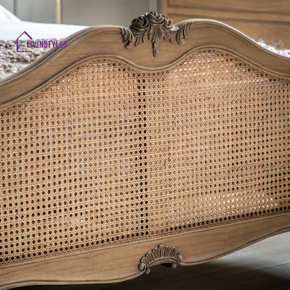 Adouer Wood Hand Carved Natural French Vintage Rattan Bed - Wooden Beds