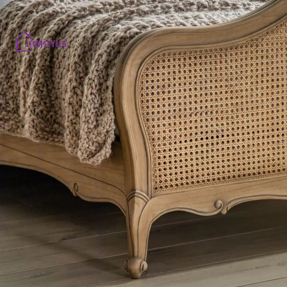 Adouer Wood Hand Carved Natural French Vintage Rattan Bed - Wooden Beds