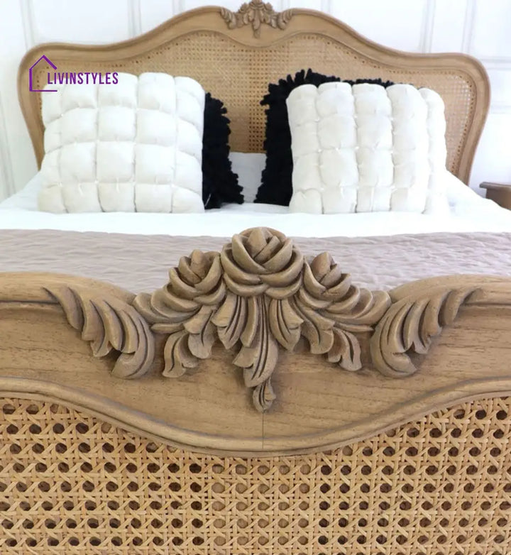 Adouer Wood Hand Carved Natural French Vintage Rattan Bed - Wooden Beds