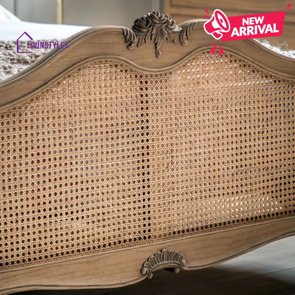 Adouer Wood Hand Carved Natural French Vintage Rattan Bed - Wooden Beds