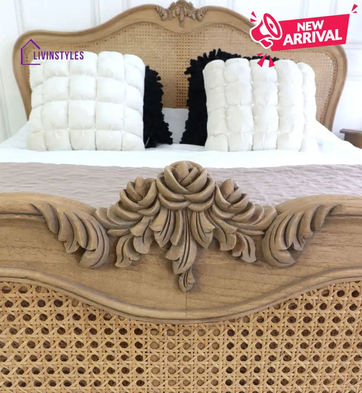 Adouer Wood Hand Carved Natural French Vintage Rattan Bed - Wooden Beds