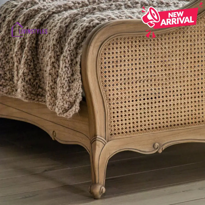 Adouer Wood Hand Carved Natural French Vintage Rattan Bed - Wooden Beds