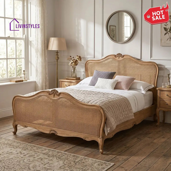 Full view of queen-sized Adouer Wood Bed in a vintage style bedroom, highlighting natural finish and elegant proportions.
