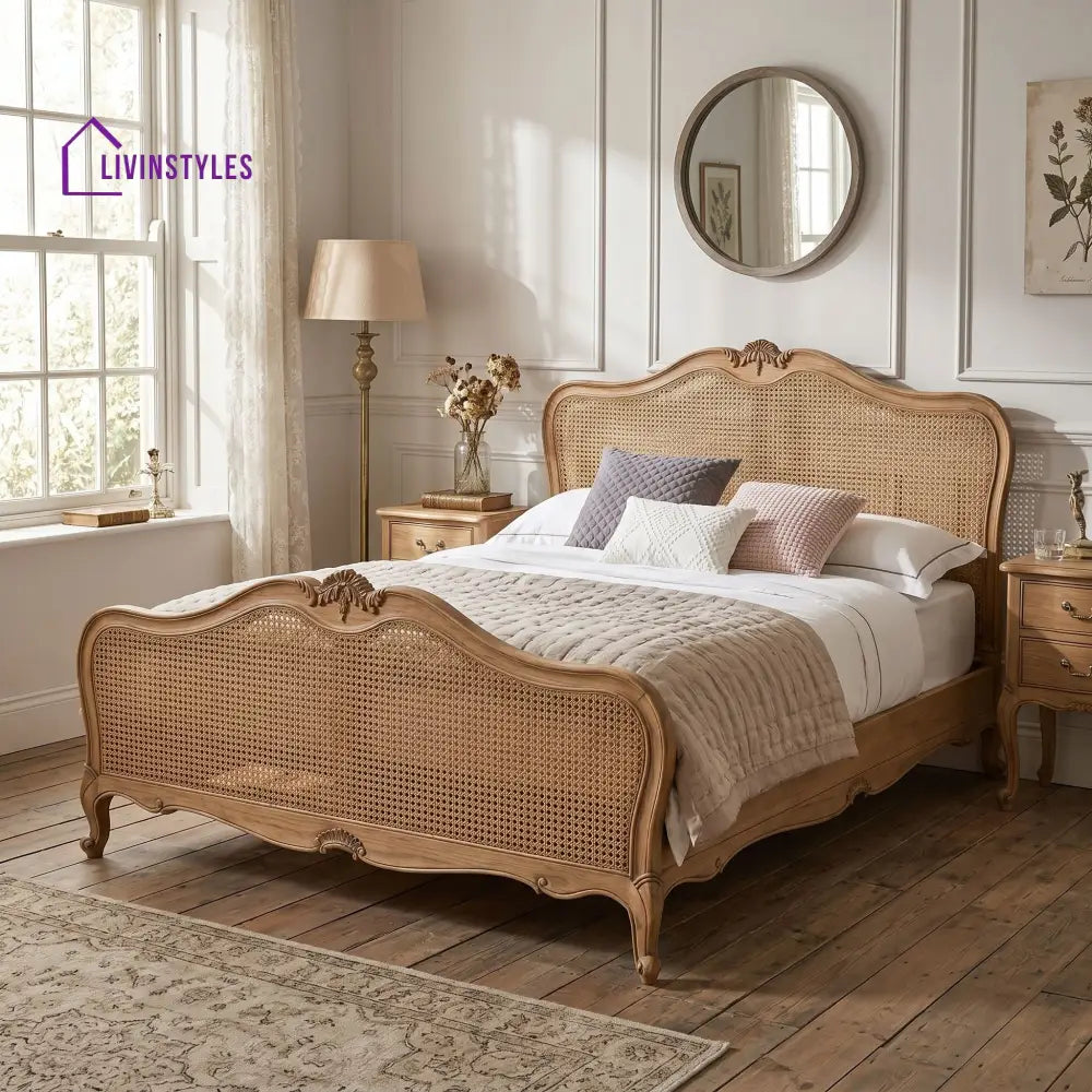 Full view of queen-sized Adouer Wood Bed in a vintage style bedroom, highlighting natural finish and elegant proportions.