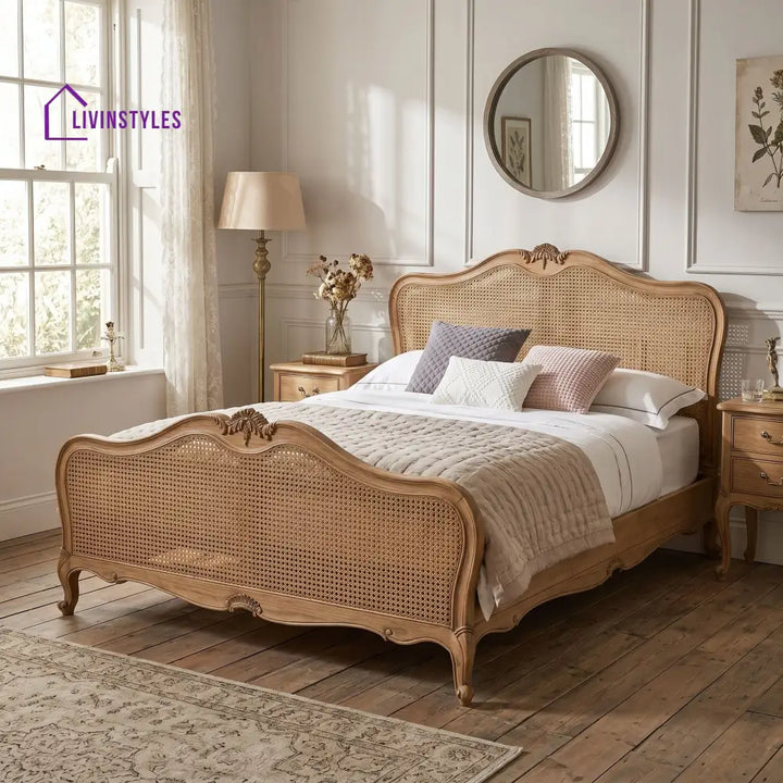 Full view of queen-sized Adouer Wood Bed in a vintage style bedroom, highlighting natural finish and elegant proportions.