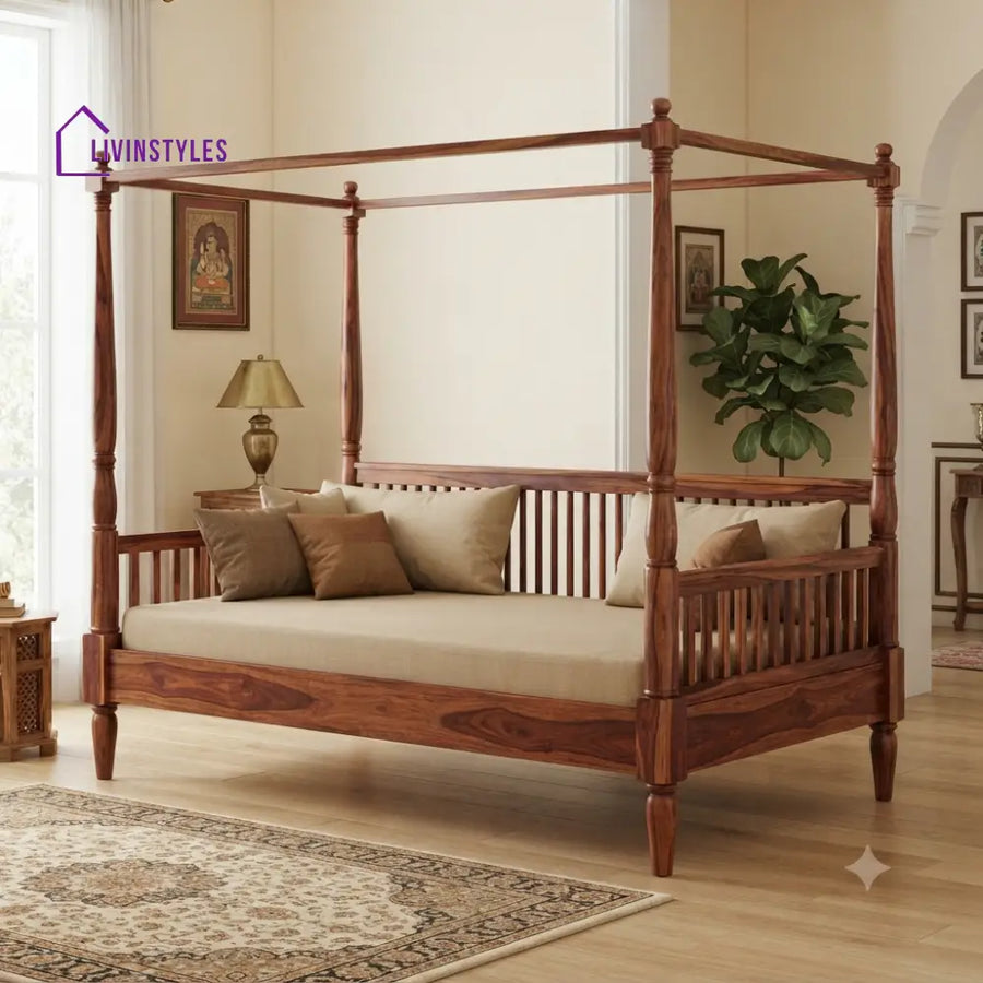 Alexandre Wooden Divan Bed for Living Room | Solid Sheesham Wood