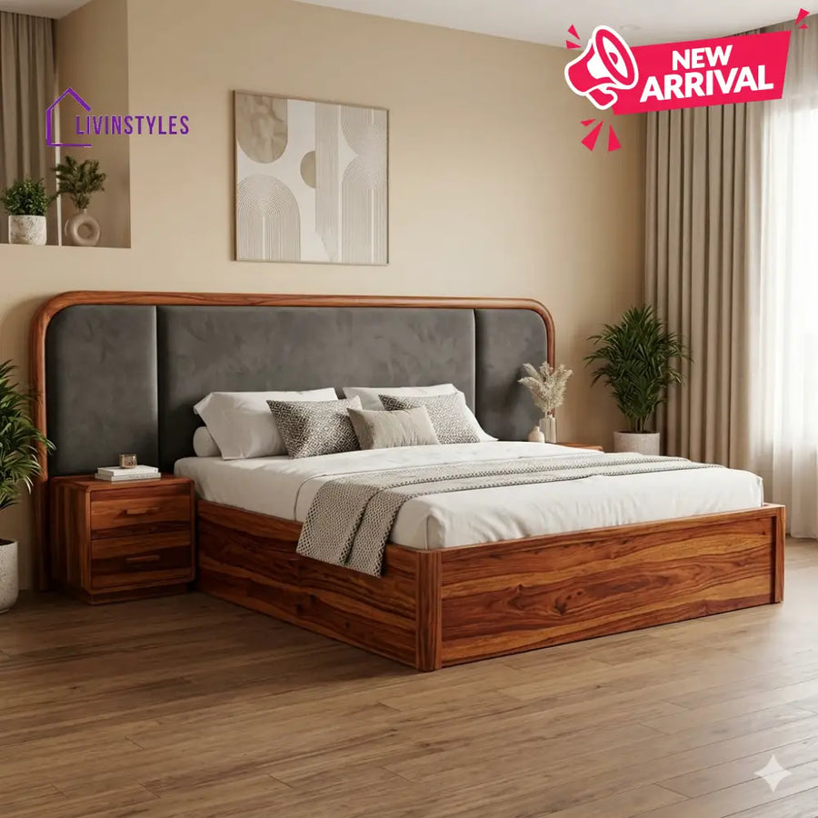 Alexei Premium Sheesham Wood Bed with Velvet Headboard