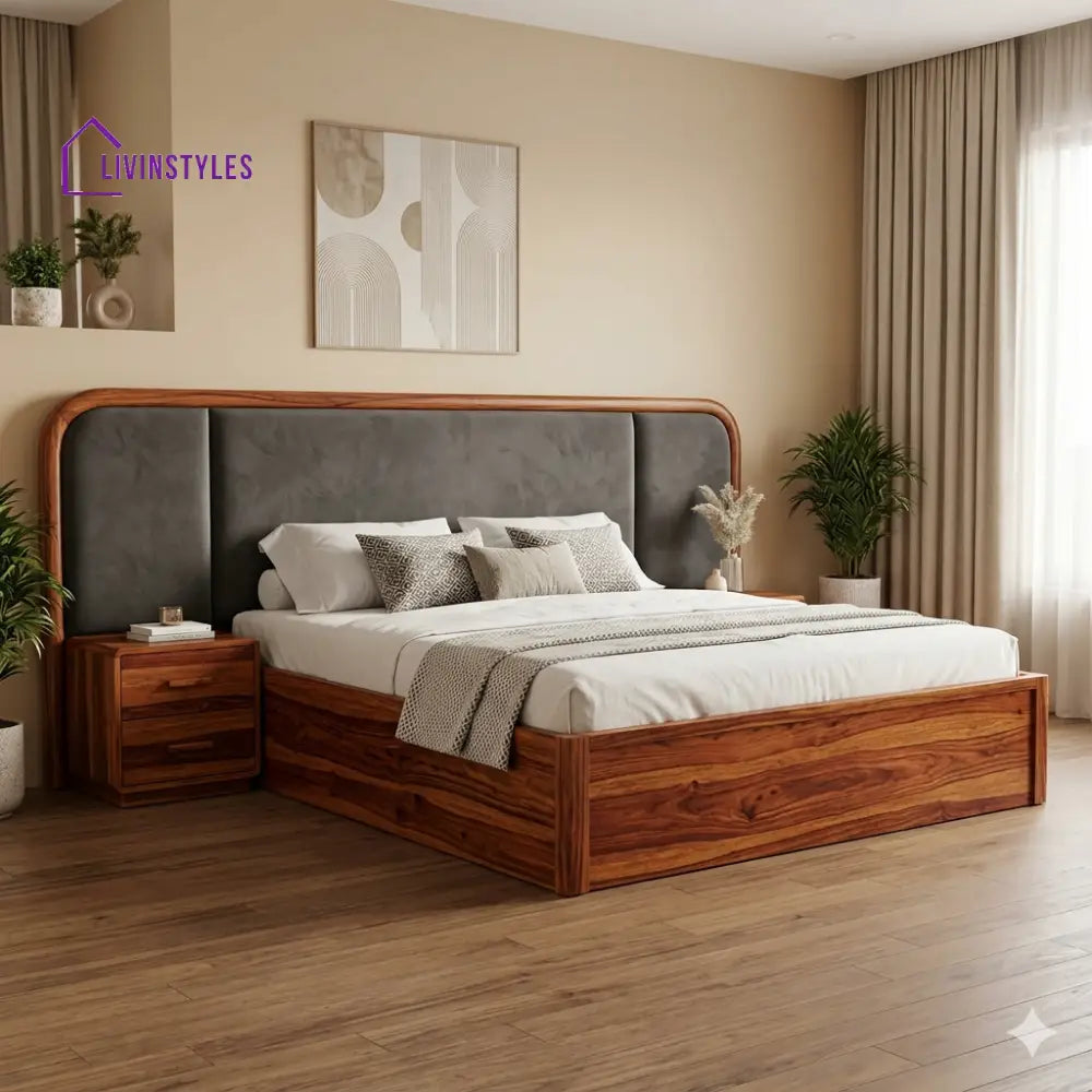 Alexei Premium Sheesham Wood Bed with Velvet Headboard