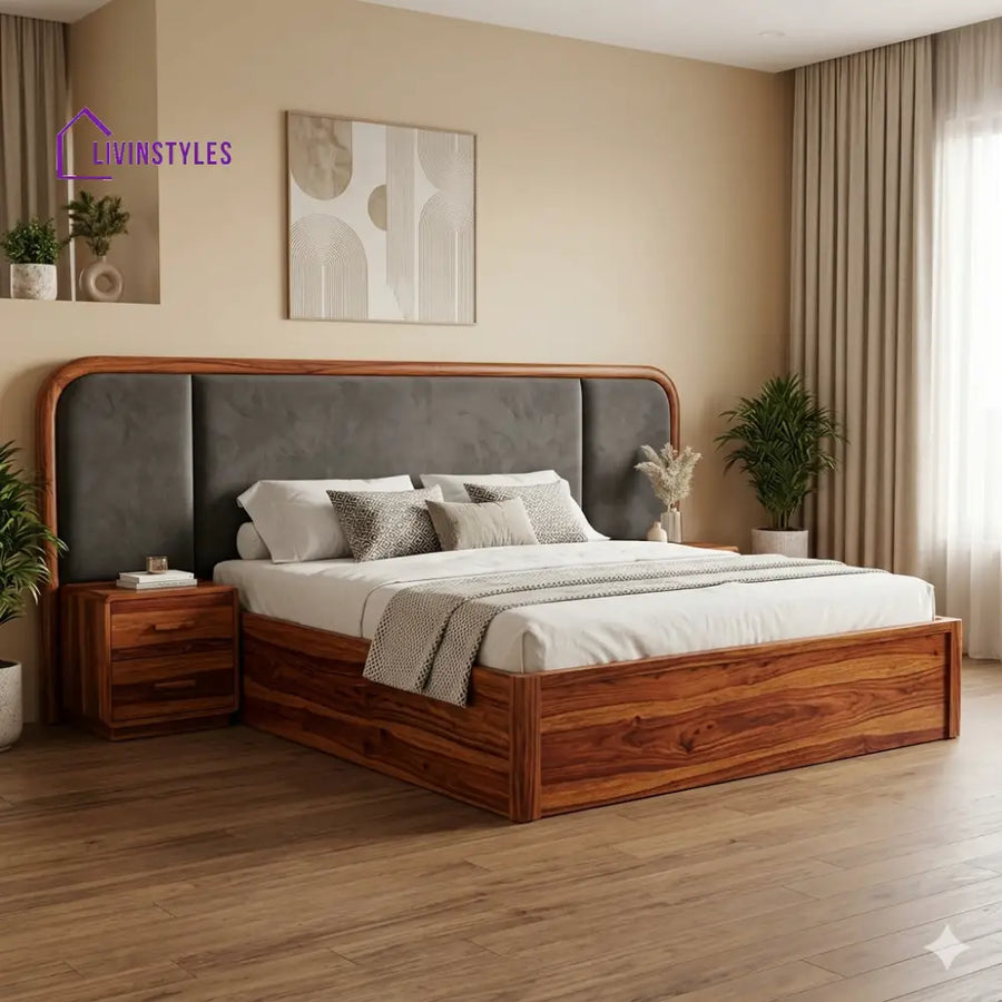 Alexei Premium Sheesham Wood Bed with Velvet Headboard
