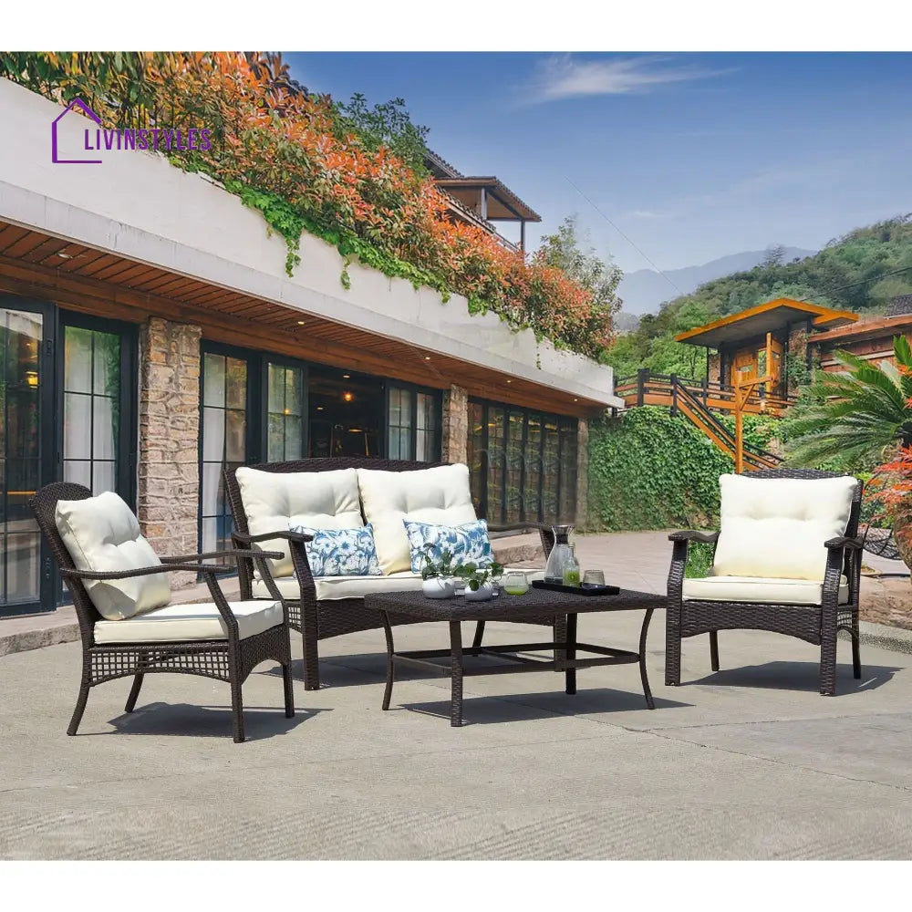 Alfonsiee Outdoor Sofa Set 2 Seater 2 Single seater and 1 Center Table (Brown + Cream) - Sofa Sets