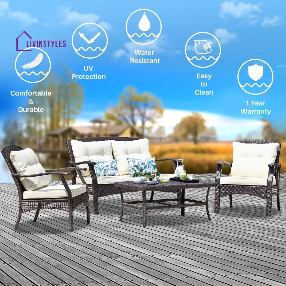 Alfonsiee Outdoor Sofa Set 2 Seater 2 Single seater and 1 Center Table (Brown + Cream) - Sofa Sets