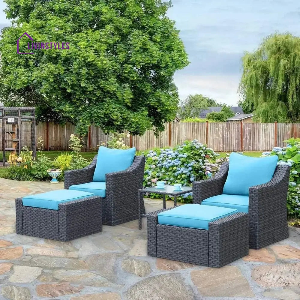 Alfonso Outdoor Patio Sofa Set 2 Single Seater 2 ottoman and 1 Center Table Set (Black + Blue) - Sofa Sets