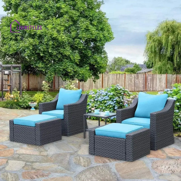 Alfonso Outdoor Patio Sofa Set 2 Single Seater 2 ottoman and 1 Center Table Set (Black + Blue) - Sofa Sets