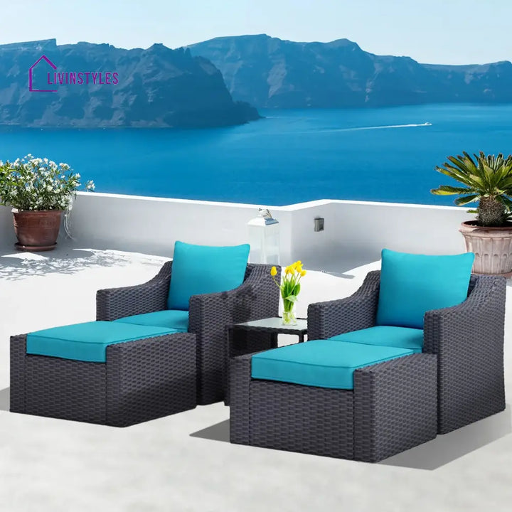 Alfonso Outdoor Patio Sofa Set 2 Single Seater 2 ottoman and 1 Center Table Set (Black + Blue) - Sofa Sets