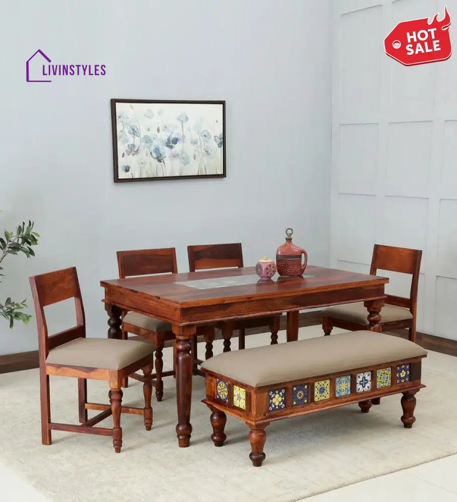 Alim Sheesham Wood 6 Seater Dining Set In Honey Finish With Cushioned Bench Dining Set