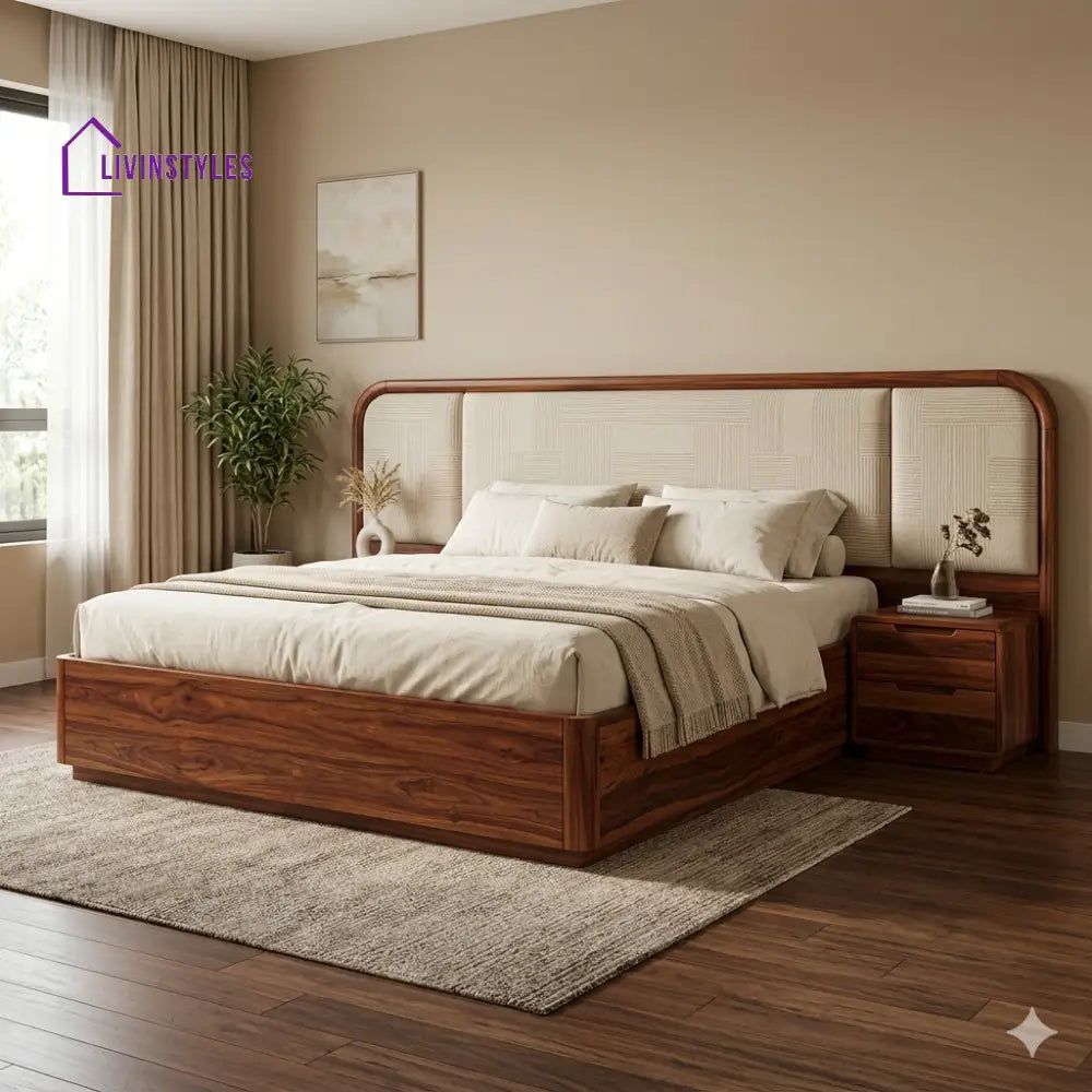 Alina Premium Sheesham Wood Bed with Velvet Headboard