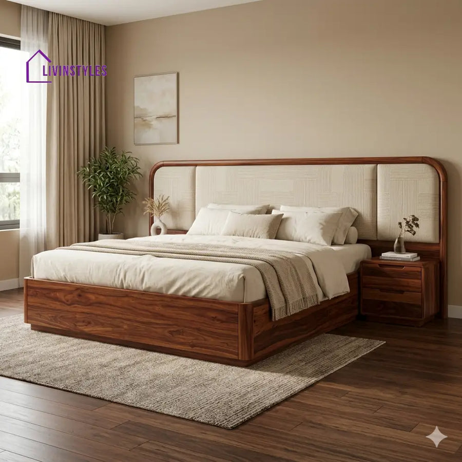 Alina Premium Sheesham Wood Bed with Velvet Headboard