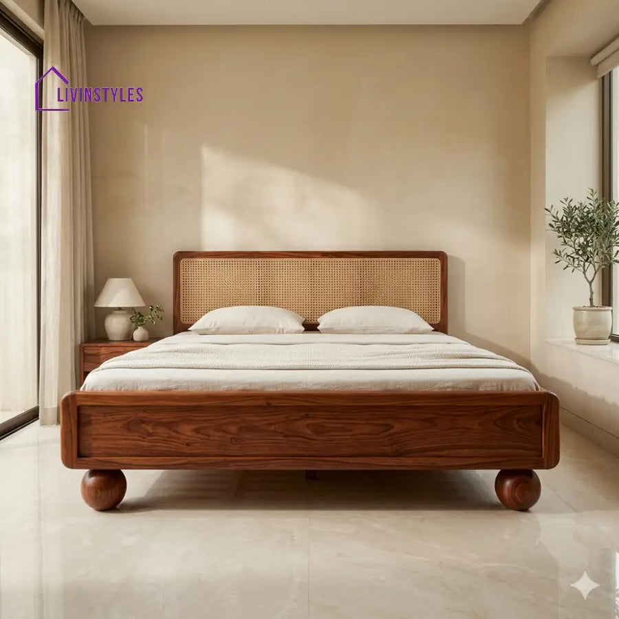 Alina Sheesham Wood Bed with Ball Shaped Legs and Cane Weaving Headboard