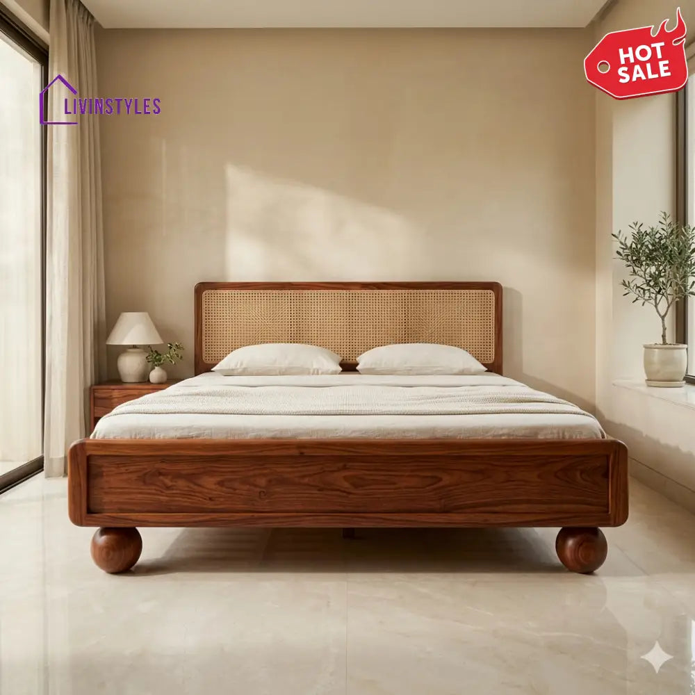 Alina Sheesham Wood Bed with Ball Shaped Legs and Cane Weaving Headboard